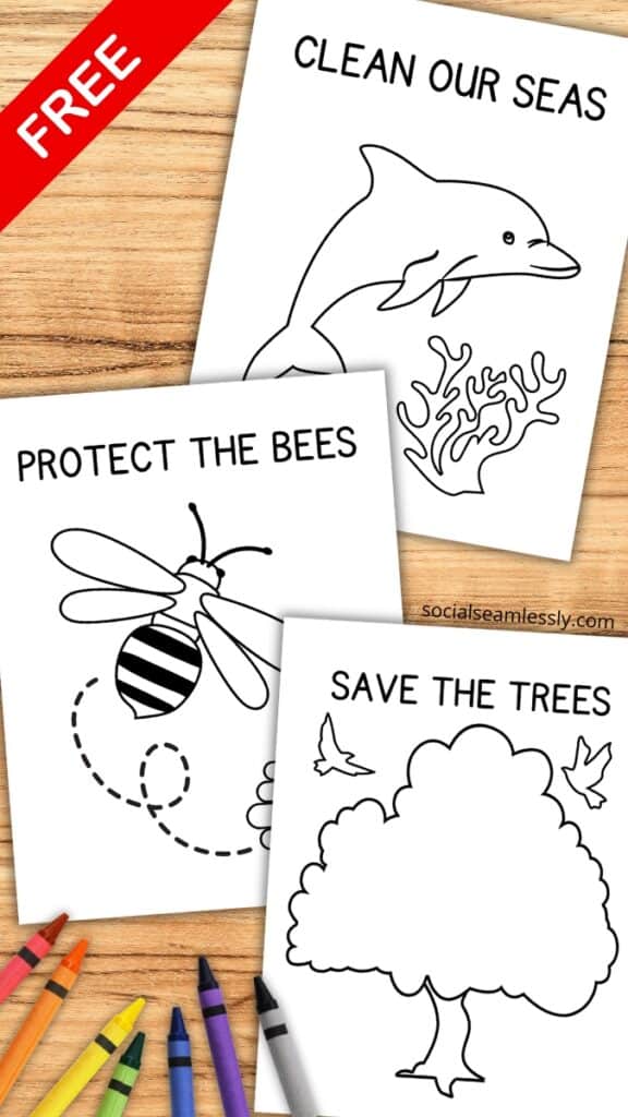 Three free Earth Day coloring pages on a wooden table with crayons. Designs include a dolphin with the phrase ‘Clean Our Seas,’ a bee with the phrase ‘Protect the Bees,’ and a tree with the phrase ‘Save the Trees.’ A red banner labeled ‘Free’ appears in the corner.