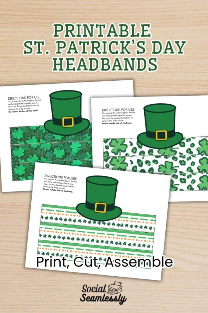 Three printable St. Patrick’s Day headband templates featuring green leprechaun hats and shamrock‑themed bands craft