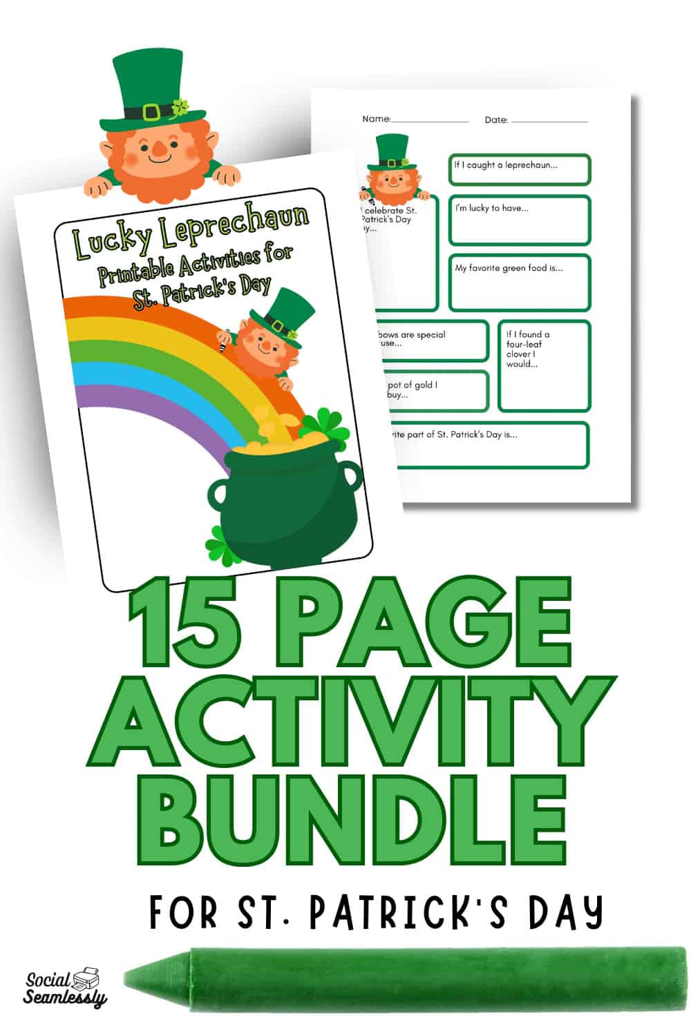 St. Patrick’s Day activity bundle preview featuring a rainbow, pot of gold, leprechauns, and a printable worksheet with themed writing prompts