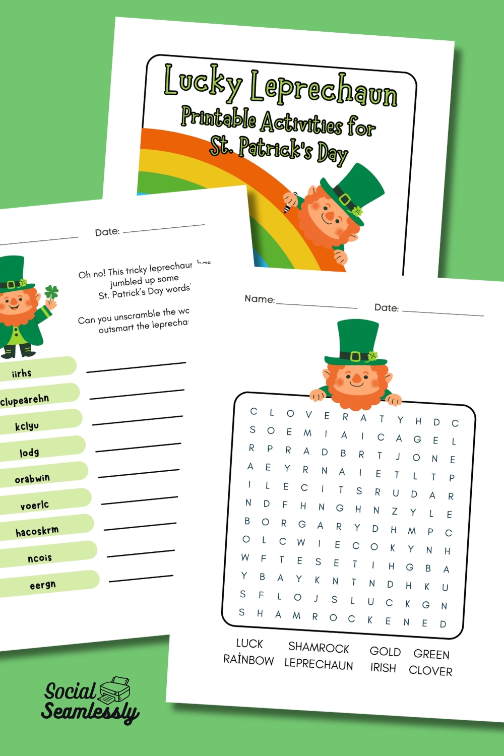 St. Patrick’s Day printable activity pack featuring a colorful ‘Lucky Leprechaun’ cover page, a word scramble worksheet with themed vocabulary, and a word search puzzle with words like clover, rainbow, and shamrock. Bright leprechaun and rainbow illustrations with the Social Seamlessly logo