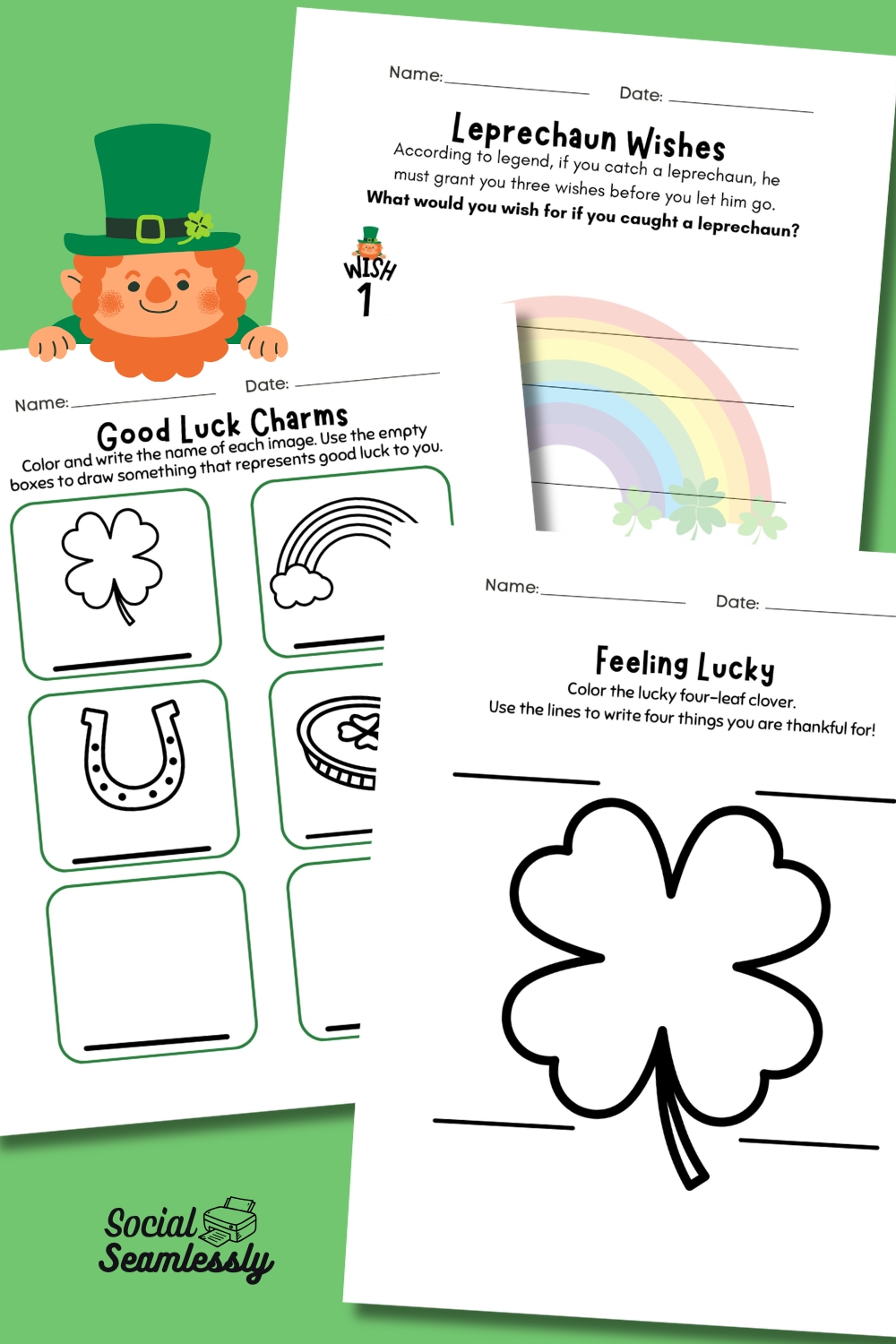 Three St. Patrick’s Day worksheets for kids: a ‘Leprechaun Wishes’ writing prompt, a ‘Good Luck Charms’ coloring and labeling activity with clovers, rainbows, horseshoes, and gold coins, and a ‘Feeling Lucky’ gratitude page with a large four‑leaf clover to color. Social Seamlessly logo included.